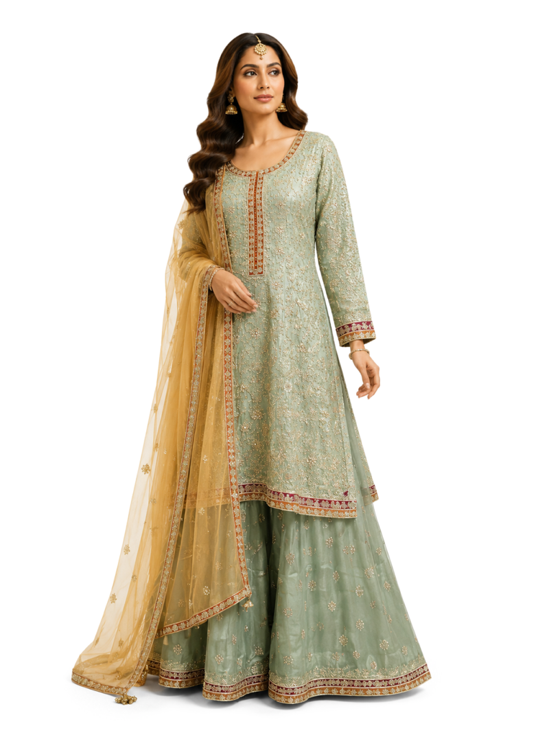 Mint Green Short Anarkali Sharara Suit